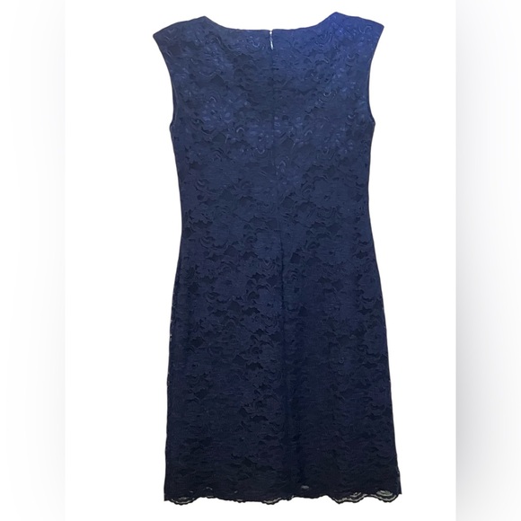 EUC LAUREN RALPH LAUREN Navy Lace Overlay Cap Sleeve Midi Sheath Dress Size 4 - Picture 3 of 14